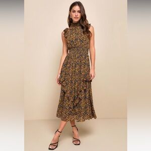 Lulus Evalina Mustard Yellow Floral Print Mock Neck Midi Dress